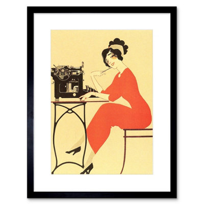 Artery8 Wall Art Print Typewriter Woman Red Dress Writing Artwork Framed 9X7 Inch from B&Q