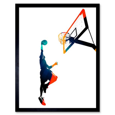 Wee Blue Coo Basketball Jump Hoop Ball Slam Dunk Gift 12X16" Framed Wall Art Print from B&Q