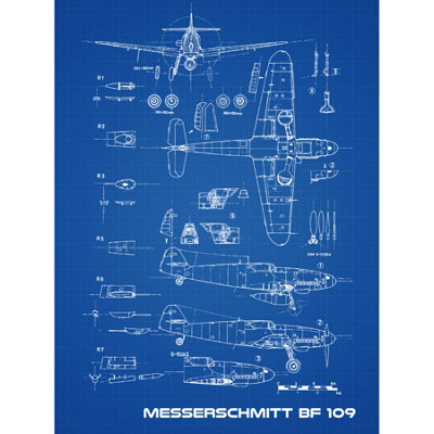 Artery8 Unframed Wall Art Messerschmitt Bf 109 Fighter Plane 2 Blueprint Plan12X16 Inch from B&Q