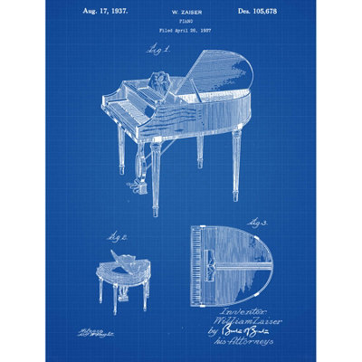 Wee Blue Coo Unframed Wall Art Piano Blueprint12X16 Inch from B&Q