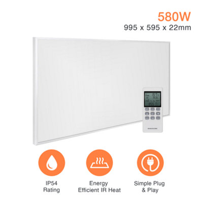 Mirrorstone Heating Mirrorstone Nxt Gen White Panel Fir Coated Aluminium 580W Infrared Heating Panel (With Suspension Kit) from B&Q
