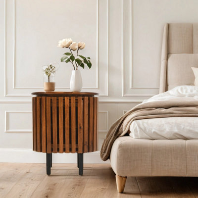  - Carney Mango Wood Slatted Bedside Table With Door