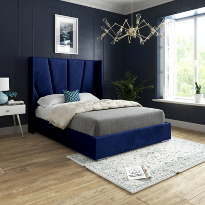  - Bellini Wide Curved Winged Upholstered Soft Velvet Blue Bed Frame