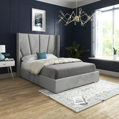  - Bellini Wide Curved Winged Upholstered Soft Velvet Grey Bed Frame