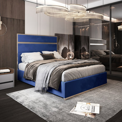  - Bentley Upholstered Soft Velvet Metal Blue Bed Frame