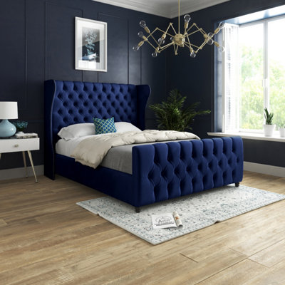  - Donati Straight Curved Top Upholstered Soft Velvet Blue Bed Frame