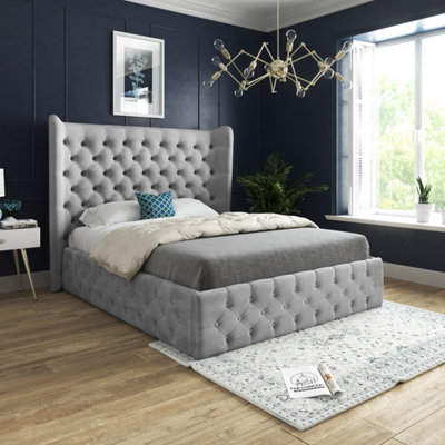  - Florence Wide Winged Upholstered Soft Velvet Grey Bed Frame