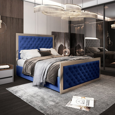  - Maddison Upholstered Soft Velvet Metal Blue Bed Frame