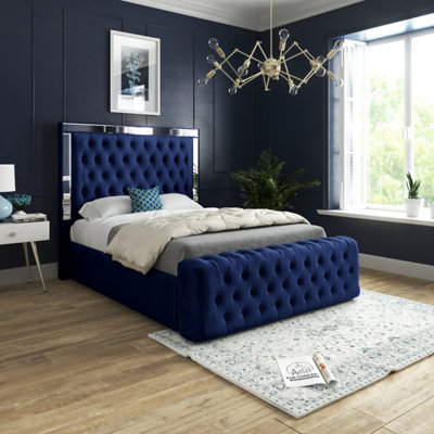  - Marino Mirror Upholstered Soft Velvet Blue Bed Frame