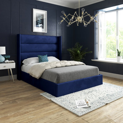  - Nuno Straight Winged Upholstered Soft Velvet Blue Bed Frame