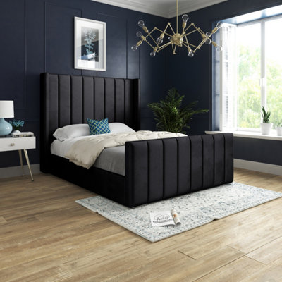  - Romano Straight Winged Upholstered Soft Velvet Black Bed Frame