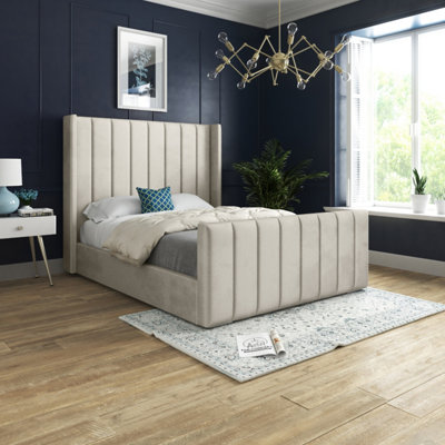 - Romano Straight Winged Upholstered Soft Velvet Cream Bed Frame