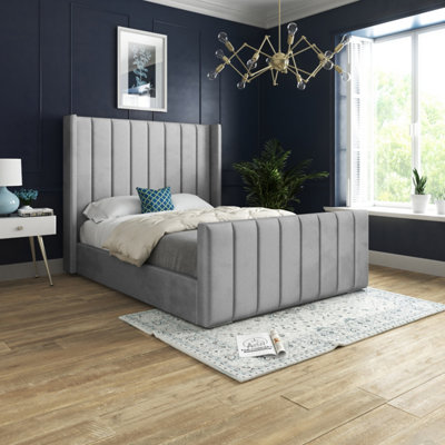  - Romano Straight Winged Upholstered Soft Velvet Grey Bed Frame