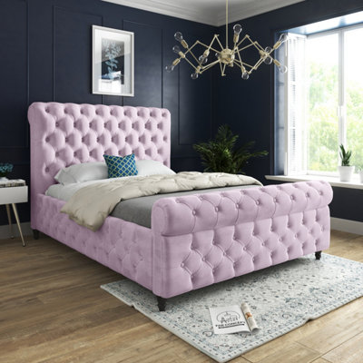  - Savana Sleigh Upholstered Soft Velvet Pink Bed Frame