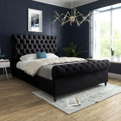  - Sienna Sleigh Upholstered Soft Velvet Black Bed Frame