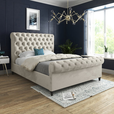  - Sienna Sleigh Upholstered Soft Velvet Cream Bed Frame