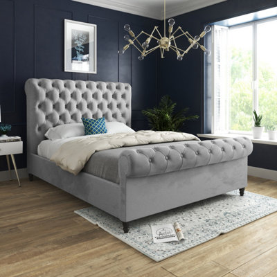  - Sienna Sleigh Upholstered Soft Velvet Grey Bed Frame