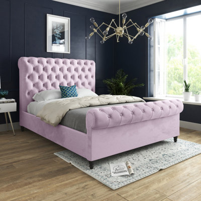  - Sienna Sleigh Upholstered Soft Velvet Pink Bed Frame