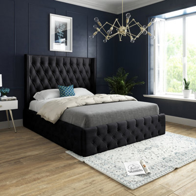  - Turin Straight Winged Upholstered Soft Velvet Black Bed Frame