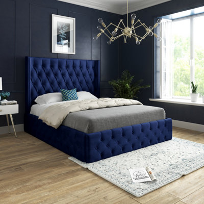 - Turin Straight Winged Upholstered Soft Velvet Blue Bed Frame