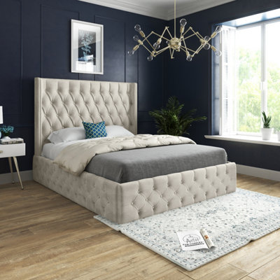  - Turin Straight Winged Upholstered Soft Velvet Cream Bed Frame