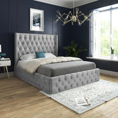  - Turin Straight Winged Upholstered Soft Velvet Grey Bed Frame