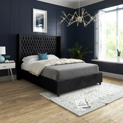  - Volta Straight Winged Upholstered Soft Velvet Black Bed Frame