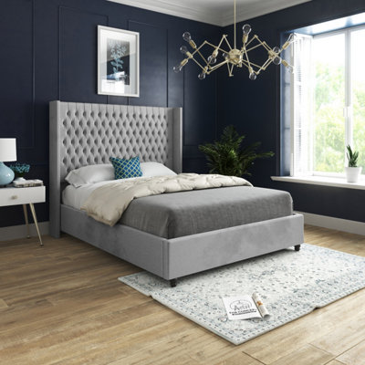  - Volta Straight Winged Upholstered Soft Velvet Grey Bed Frame