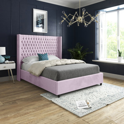  - Volta Straight Winged Upholstered Soft Velvet Pink Bed Frame