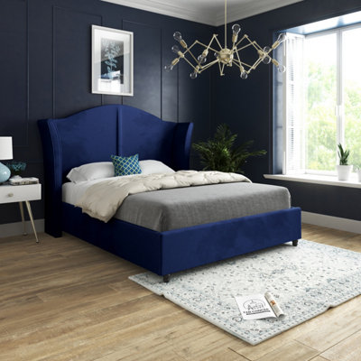  - Zampa Curved Top Curved Winged Upholstered Soft Velvet Blue Bed Frame