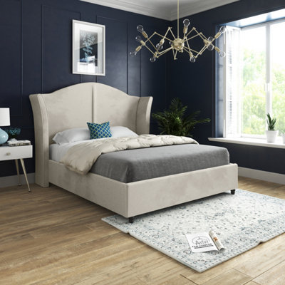  - Zampa Curved Top Curved Winged Upholstered Soft Velvet Cream Bed Frame