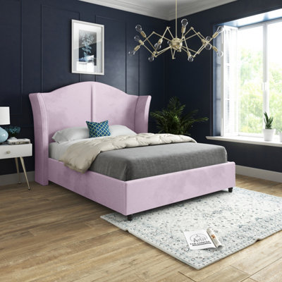  - Zampa Curved Top Curved Winged Upholstered Soft Velvet Pink Bed Frame