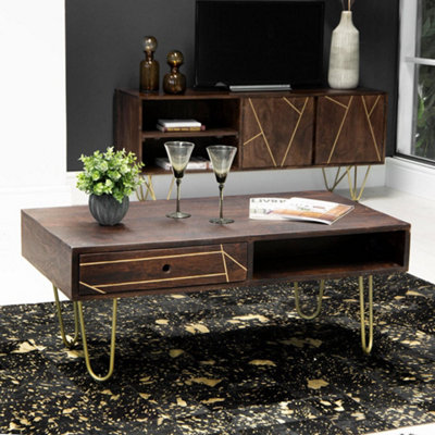 Loft Dark Wood & Gold Mango Rectangular Large Coffee Table