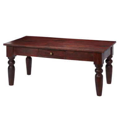  - Rajwada Dark Mango Wood Coffee Table With Drawer And Brass Handle