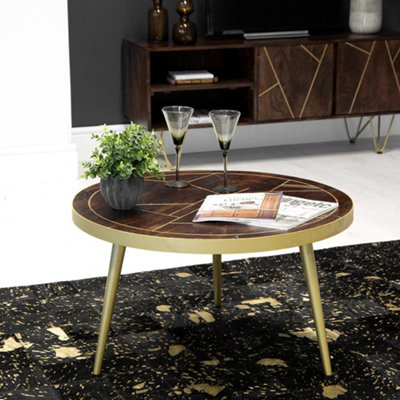  - Loft Dark Mango Wood And Gold Metal Legs Round Coffee Table