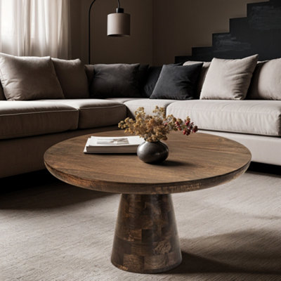  - Natural Solid Dark Mango Wood Round Coffee Table