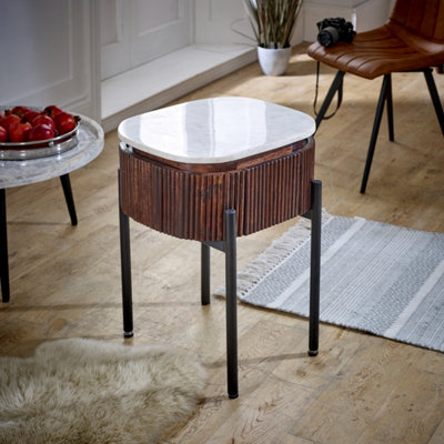  - Ancient Mango Wood Bedside Table With Marble Top & Metal Legs