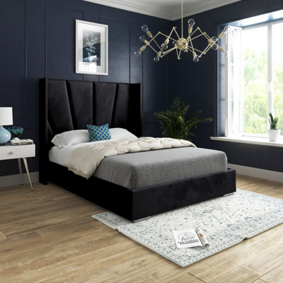  - Bellini Wide Curved Winged Upholstered Soft Velvet Bed FrameBlack