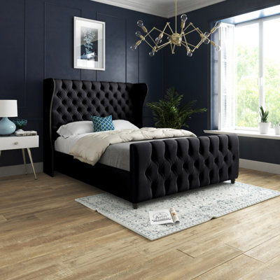  - Donati Straight Curved Top Upholstered Soft Velvet Bed FrameBlack