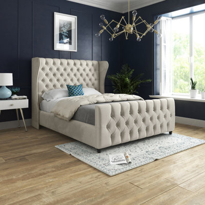  - Donati Straight Curved Top Upholstered Soft Velvet Bed FrameCream