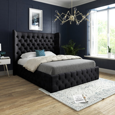  - Florence Wide Winged Upholstered Soft Velvet Bed FrameBlack