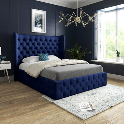  - Florence Wide Winged Upholstered Soft Velvet Bed FrameBlue