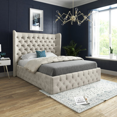  - Florence Wide Winged Upholstered Soft Velvet Bed FrameCream