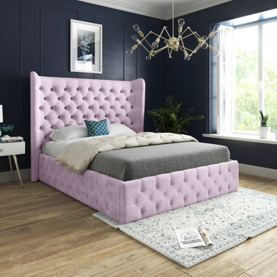  - Florence Wide Winged Upholstered Soft Velvet Bed FramePink