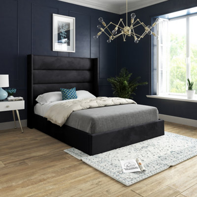 Nuno Straight Winged Upholstered Soft Velvet Bed FrameBlack from B&Q