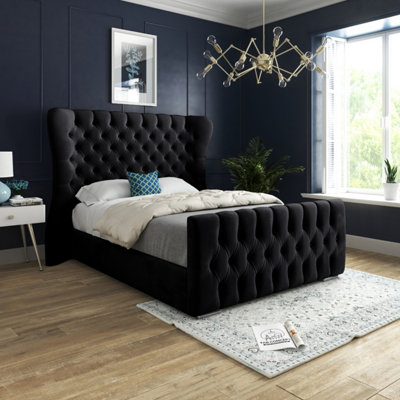 Parma Wide Curved Winged Upholstered Soft Velvet Bed FrameBlack from B&Q