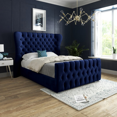 B&Q Parma Wide Curved Winged Upholstered Soft Velvet Bed Frame - Blue