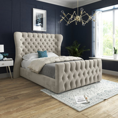 B&Q Parma Wide Curved Winged Upholstered Soft Velvet Bed Frame - Cream