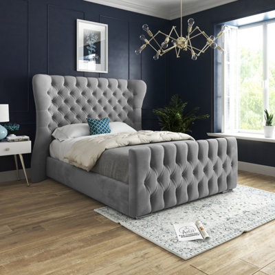  - Parma Wide Curved Winged Upholstered Soft Velvet Bed FrameGrey