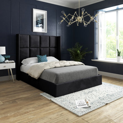  - Quanta Straight Winged Upholstered Soft Velvet Bed FrameBlack